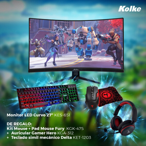 PROMO KOLKE - MONITOR CURVO 27" KES-651 + KIT MOUSE + PAD MOUSE FURY KGK-475 + AURICULAR HERO KGA-312 + TECLADO KET-1203