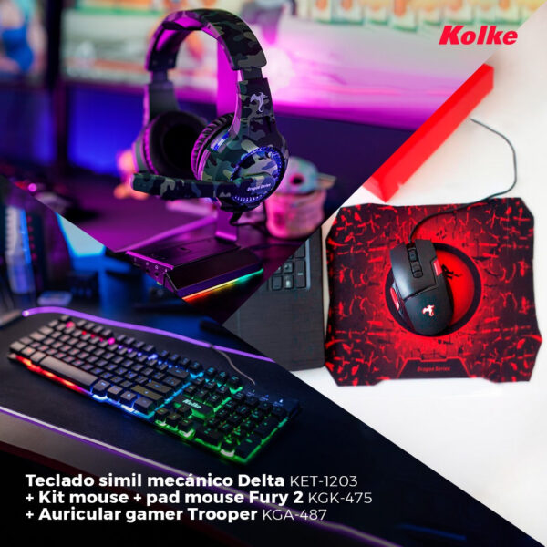 PROMO KOLKE - TECLADO SIMIL MECANICO DELTA KET-1203 + MOUSE+PAD MOUSE FURY KGK-475 + AURICULAR TROOPER KGA-487