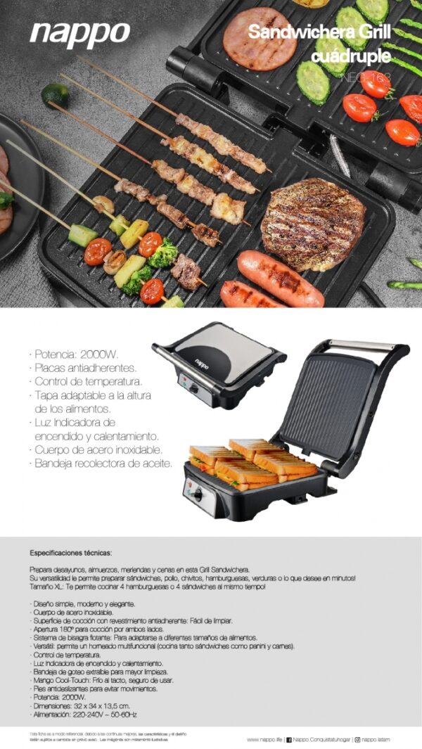 NAPPO Grill Sandwichera Cuádruple NEG-163 - Tamaño XL con 2000W de Potencia - Imagen 7