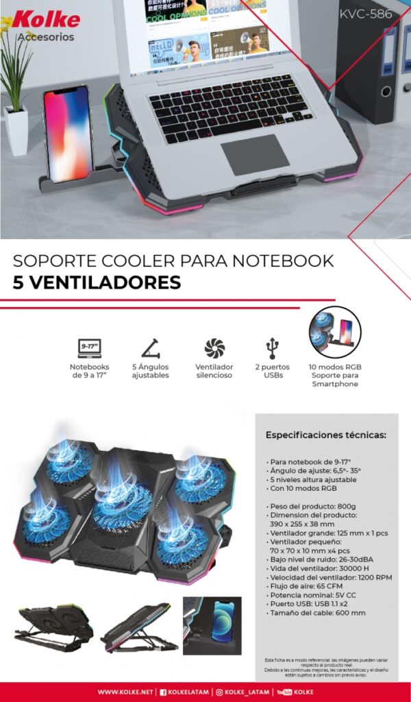 KOLKE SOPORTE COOLER PARA NOTEBOOK KVC-586 5 VENTILADORES - Imagen 9